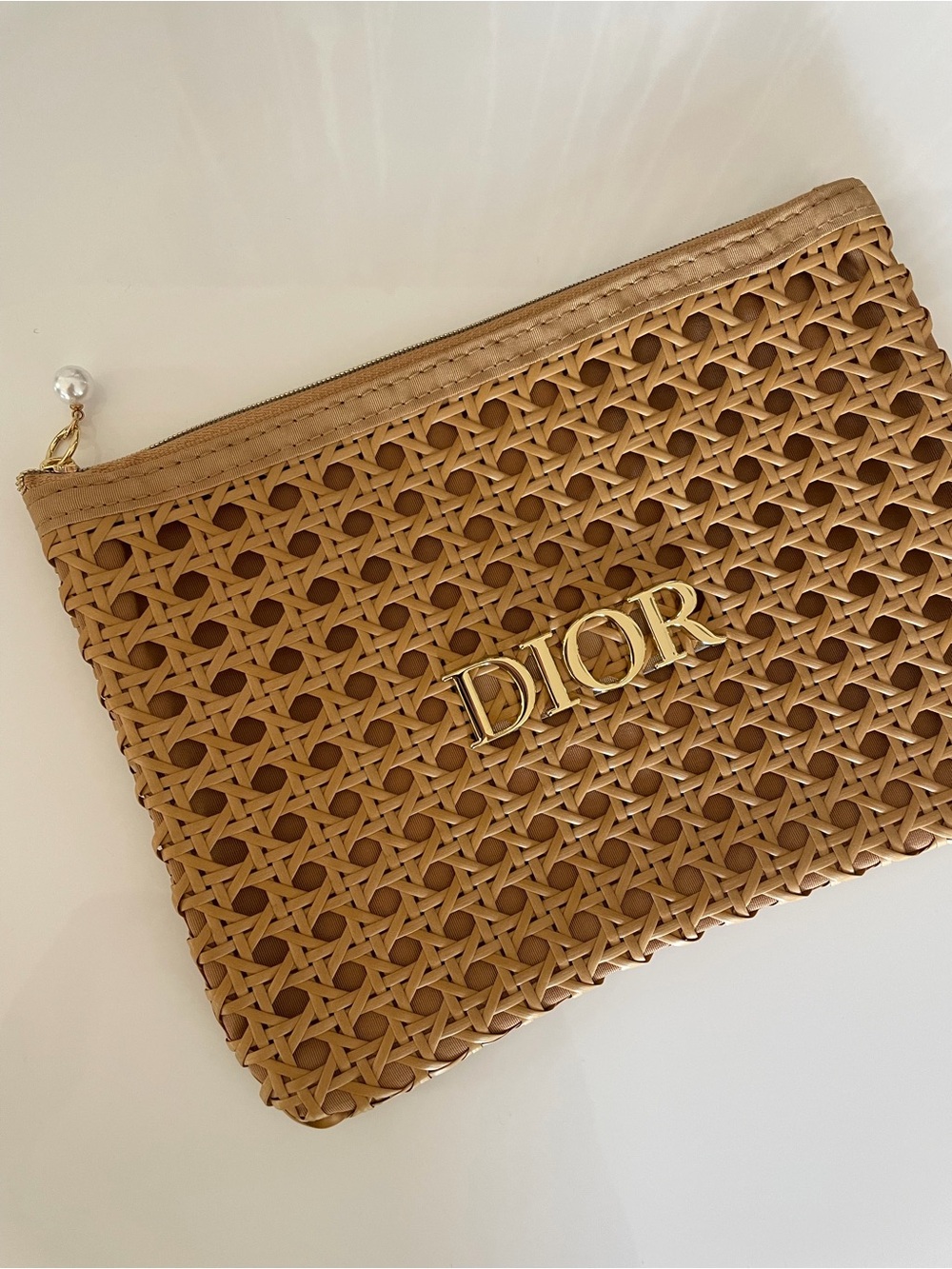 DIOR Tan Beige Woven Bag gold purse pearl wristlet clutch LOGO